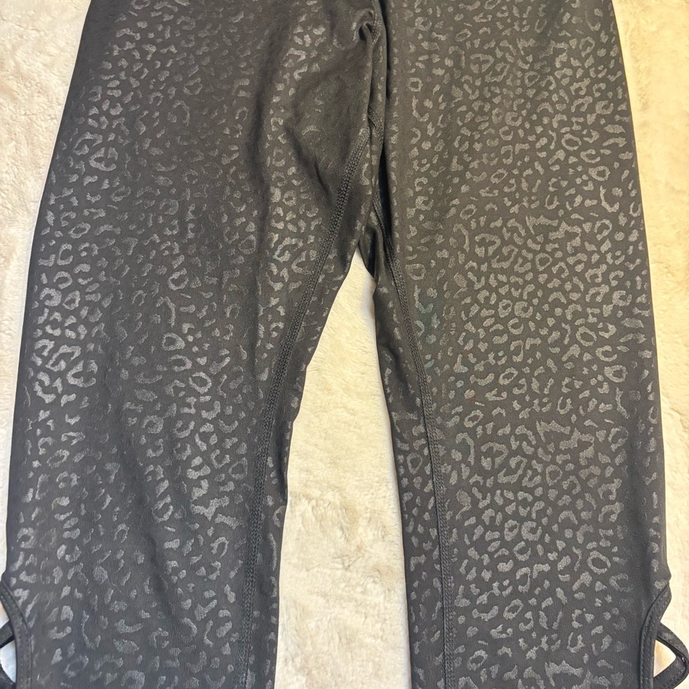Half Moon Capri Leggings Small Black Shiny Leopard Print Strappy Cutout Design - Picture 6 of 14